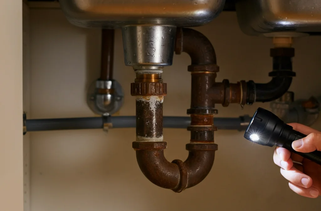 Under a sink, a hand holds a flashlight illuminating rusted pipes. The setting suggests an plumbing inspection or repair in a dimly lit cabinet space.